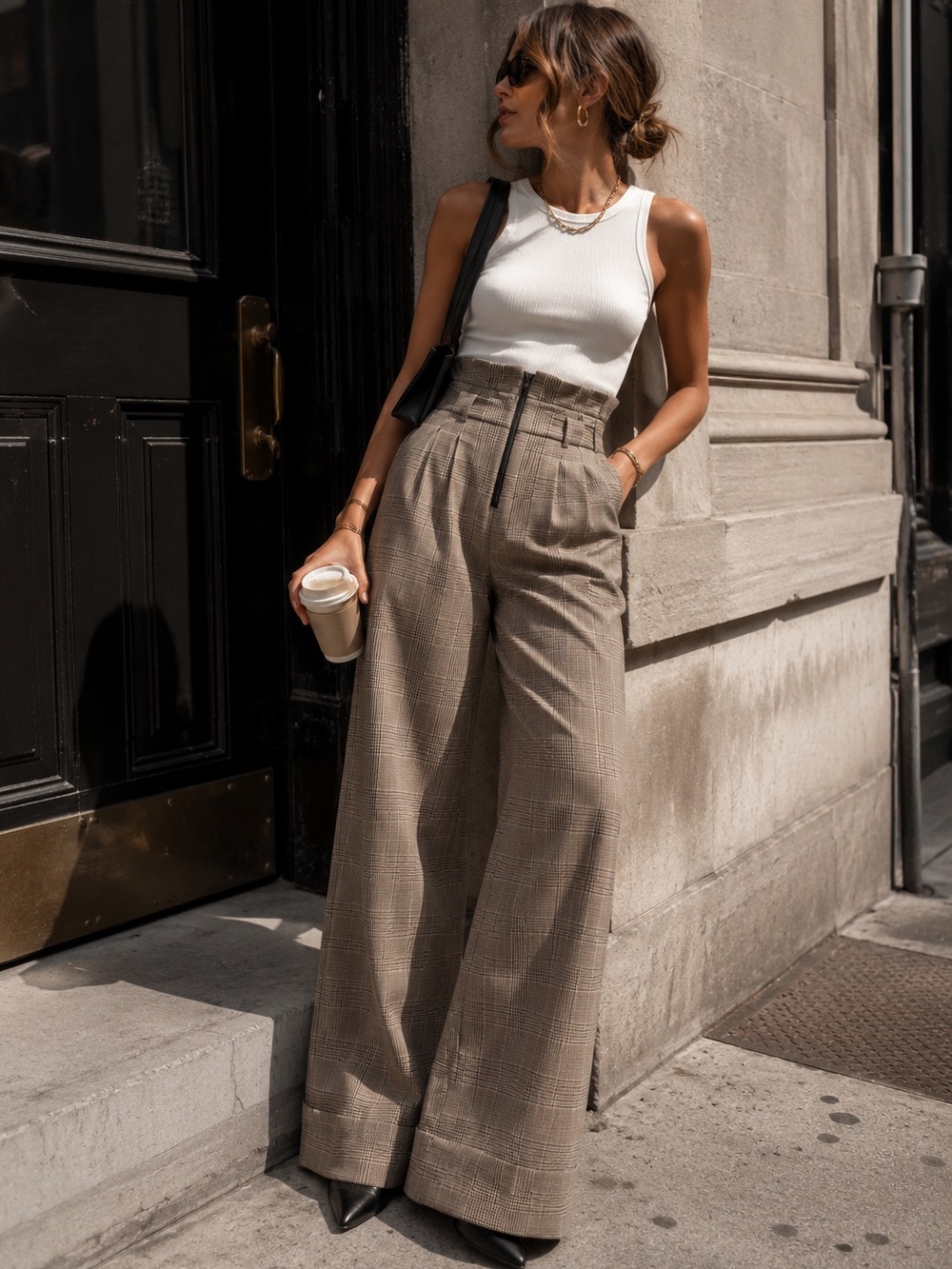Trouvé High Waist Plaid Wide Leg Trousers Tan Black 0
